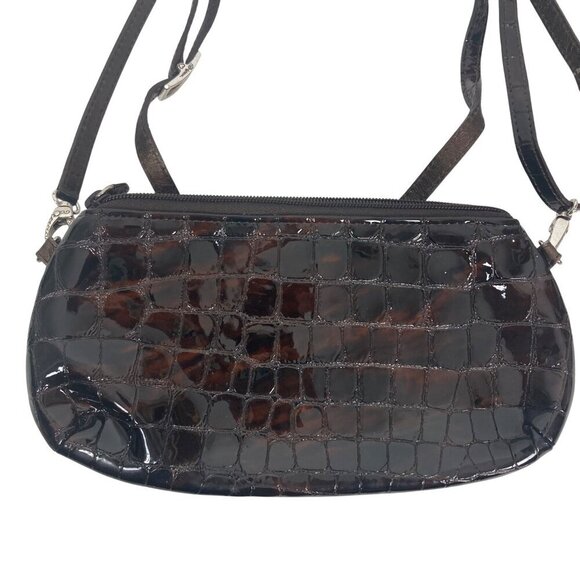 Brighton Croc Embossed Patent Leather Brown Cross Body Bag Converts To Clutch - Picture 4 of 10